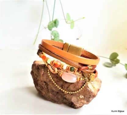Bracelet large ambiance d'automne en cuir et pierres