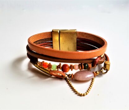 Bracelet large ambiance d'automne en cuir et pierres – Image 2